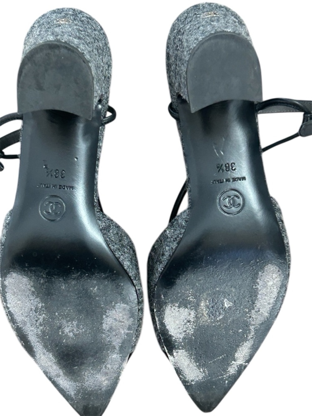 Vintage Chanel slingback cap toe pointy toe tweed gray and black heel 38.5 sz 8 - Picture 9 of 15